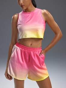 Powerista Women Ombre Color Round Neck Tank Top And Shorts Sports Set Workout Sets - Pink - View 5