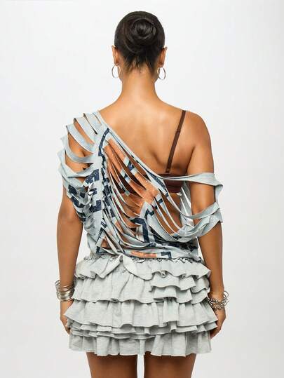 SUMWON WOMEN Distressed Cut Out One Shoulder Ruffle Mini Dress College ...