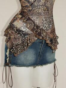 SHEIN ICON 女士复古佩斯利印花拼接不对称下摆可爱性感上衣，秋冬豹纹上衣，棕色上衣，动物纹上衣，蛇纹上衣，女士上衣，优雅时尚 - 摩卡棕 - 查看 10