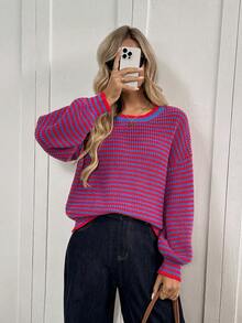 Easowa Women's Contrast Color Crew Neck Long Sleeve Knit Sweater Striped Sweater In Fall/Winter