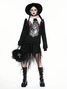 ROMWE Cute Mischievous Gothic Halloween Bat Shaped Collar Bride Print Loose Fleece Pullover Sweatshirt For Women - Black - View 1