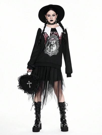 Sweat-shirt-shirt ample en polaire avec imprimé de mariée et col en forme de chauve-souris gothique mignonne et espiègle pour Halloween pour femmes