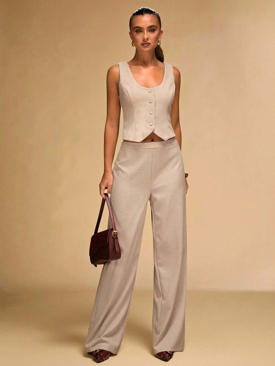SHEIN BAE بدلة كاجوال للنساء ذات لون واحد بسترة ذات صف أزرار واحد وبنطال - بني مخاوي - مشاهدة 1