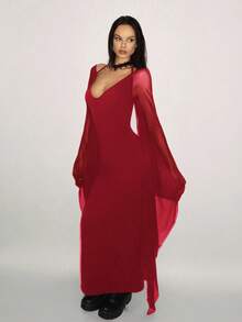 SHEIN ICON Fitted Mesh Exaggerated Batwing Sleeve Bodycon Dress Long Red Dress - Burgundy - View 5