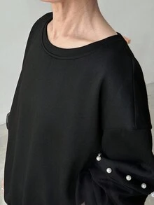 FRIFUL 女士圆领珍珠纽扣装饰灯笼袖宽松网眼拼接袖加厚纯色运动衫，万圣节服装秋冬 - 黑色 - 查看 5