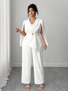 Elenzga 女士时尚翻领斗篷袖夹克和直筒裤套装 - 白色 - 查看 1