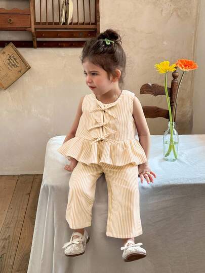 SHEIN LMoss Kids 女婴条纹蝴蝶结装饰吊带背心和松紧腰裤两件套，夏季
