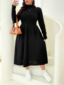 SHEIN EZwear Plus Size Solid Color Minimalist Everyday Turtleneck Long Sleeve Pullover Sweater/Winter - Black - View 4