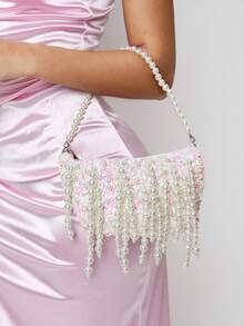 SHEIN SXY 女士手提包、晚宴包、珍珠流苏、时尚、优雅、简约、个性化、多功能，适合鸡尾酒会、派对、舞会、俱乐部、约会、生日、晚会、约会之夜、宴会 - 白色 - 查看 2