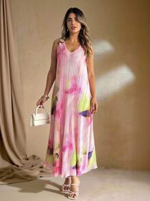 Roveilla 大码复古扎染印花百褶无袖连衣裙 - 彩色 - 查看 4