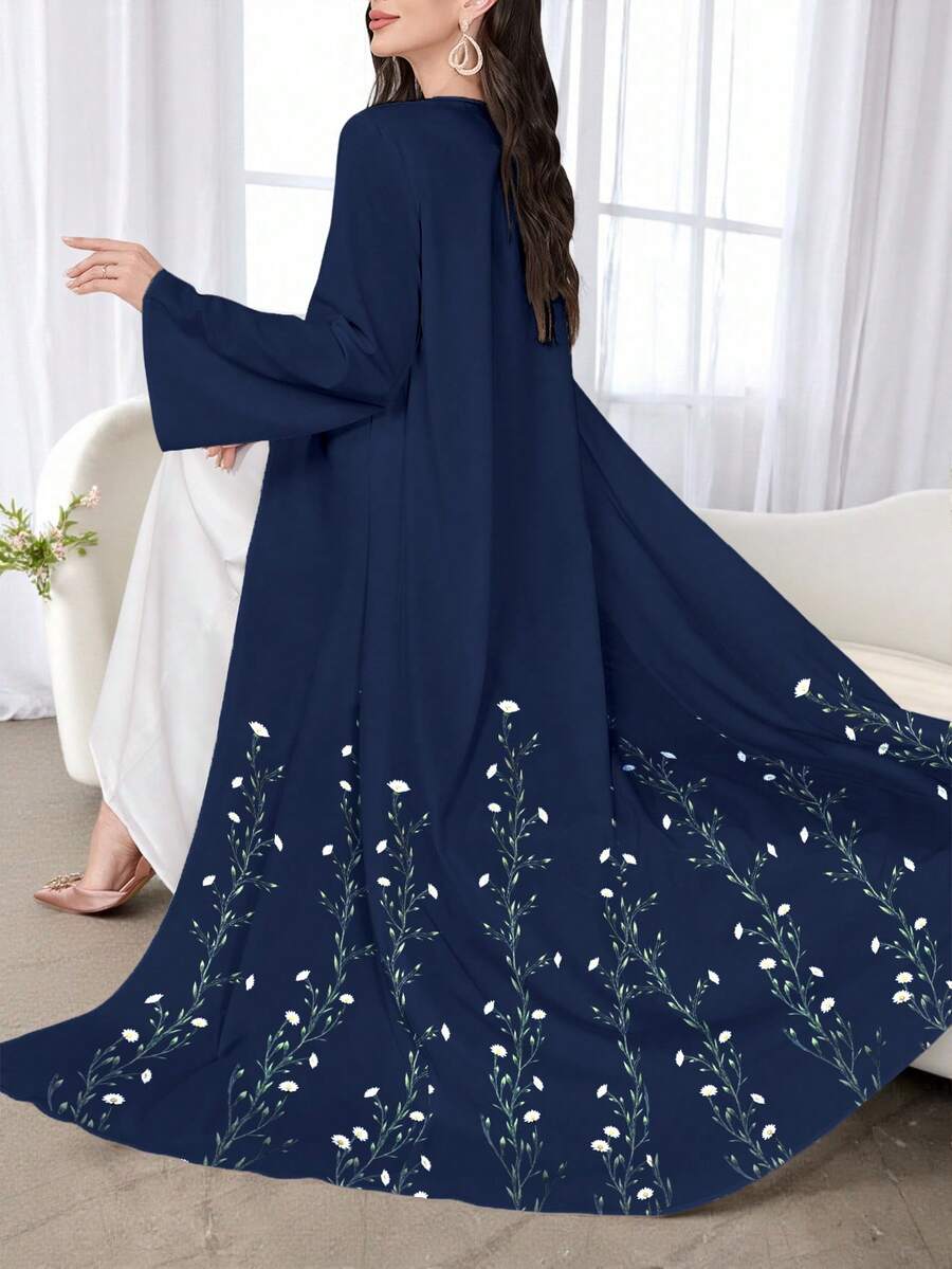 SHEIN Najma Women's Floral Print Navy Blue Long Sleeve Casual Arabic Abaya Robe, Spring/Autumn - Multicolor - View 1