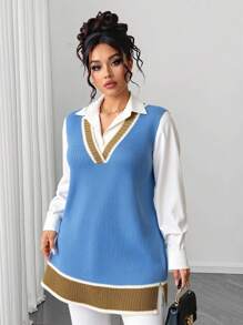 Elenzga Plus 1pc Striped Trim Sweater Vest - Blue - View 4