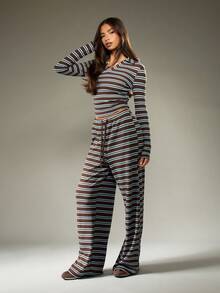 MISSGUIDED 女士罗纹针织两件套家居服套装 Co Ord 长袖上衣阔腿裤秋冬装休闲抽绳腰带 - 彩色 - 查看 4