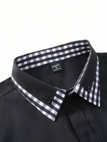 Manfinity Mode 男士黑色商务长袖撞色拼接衬衫，适合秋季 - 黑色 - 查看 6