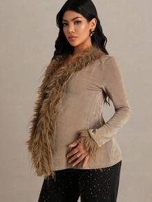 MaterniChic Pregnant Women's Fashionable & Elegant Fuzzy Patchwork Long Sleeve T-Shirt Winter Clothes Elegant  Long Sleeve Going Out Top  Chic Brown Top - Camel - View 8