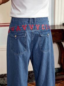 SWAVVY Jeans de mezclilla casual estadounidense, pantalones rectos con estampado de rayas de estilo punk chic - Azul - Ver 4