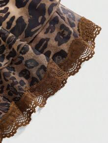 ROMWE Hippie 复古西部牛仔嬉皮天鹅绒拼布豹纹不对称下摆吊带裙 - 棕色 - 查看 4