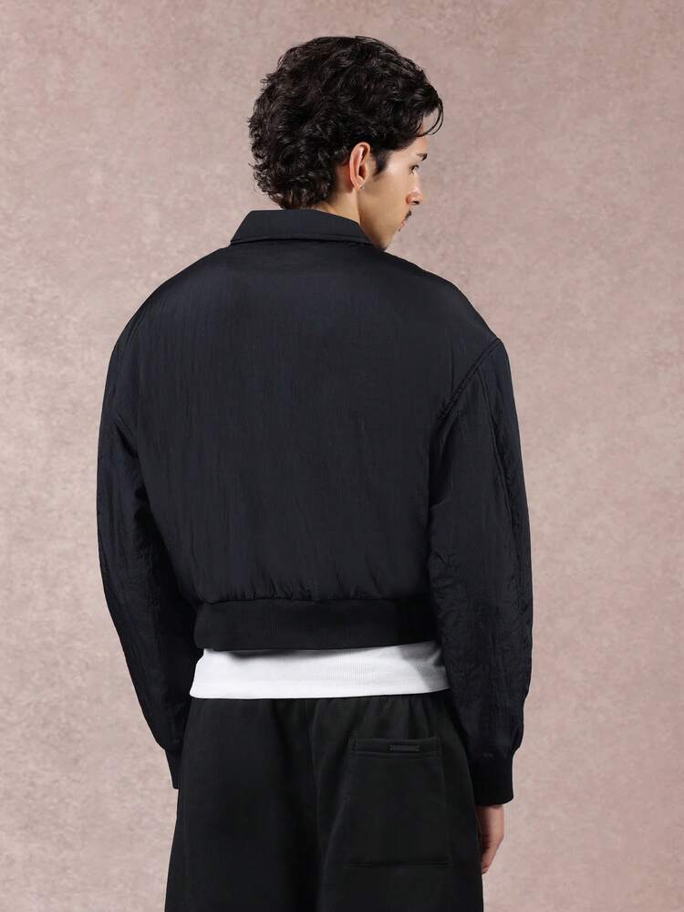 Cropped Padded Bomber Jacket With Harrington Collar