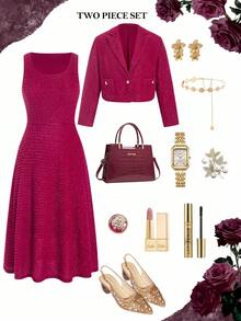 Ellevyn 大码女式两件套西装，优雅粗花呢外套和连衣裙，适合秋冬季节 - 酒紅色 - 查看 1