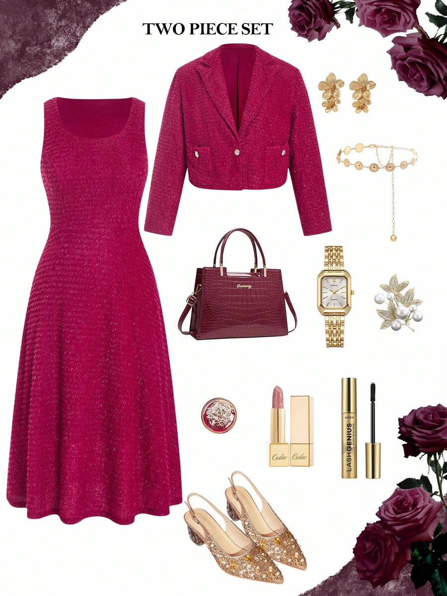 Ellevyn 大码女式两件套西装，优雅粗花呢外套和连衣裙，适合秋冬季节 - 酒紅色 - 查看 1
