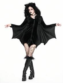 ROMWE Goth 万圣节哥特式蝙蝠耳下摆紧身天鹅绒连衣裙 - 黑色 - 查看 6