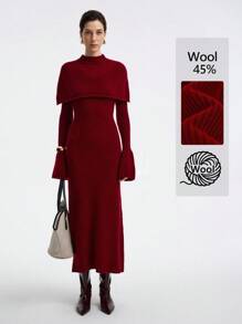 Aalyst Wool Blend Soft & Fitted Turtleneck Poncho Dress Set For Women Fall Winter Cloth For Women - Burgundy - View 1