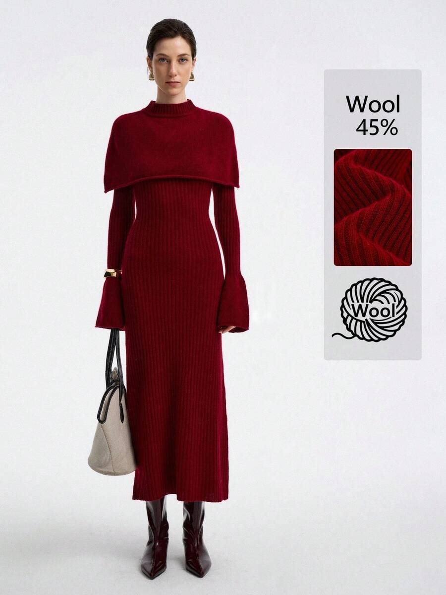 Aalyst Wool Blend Soft & Fitted Turtleneck Poncho Dress Set For Women Fall Winter Cloth For Women - Burgundy - View 1