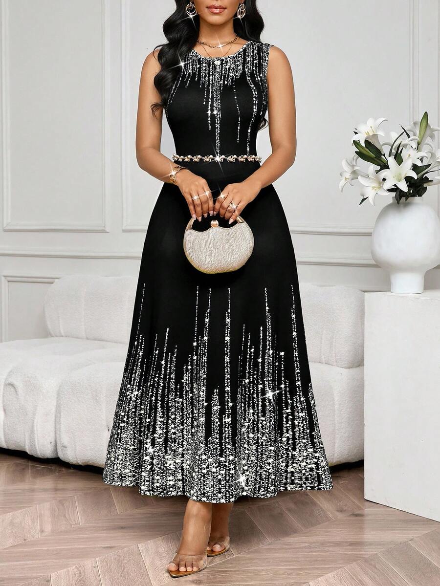 SHEIN Lady 女士优雅水钻装饰无袖连衣裙 - 銀色 - 查看 1