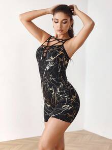 Menodora SHEIN Sport Menodora SHEIN Sport 女式扎染印花十字交叉设计无袖连体衣 - 黑色 - 查看 3