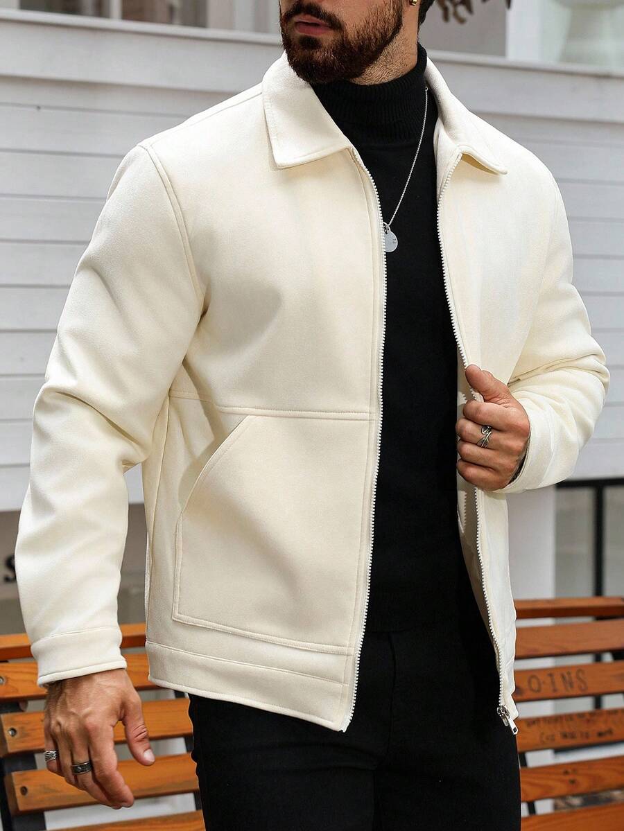 Manfinity Homme Men's Solid Color Long Sleeve Zip-Up Casual Loose Jacket , Fall - White - View 1