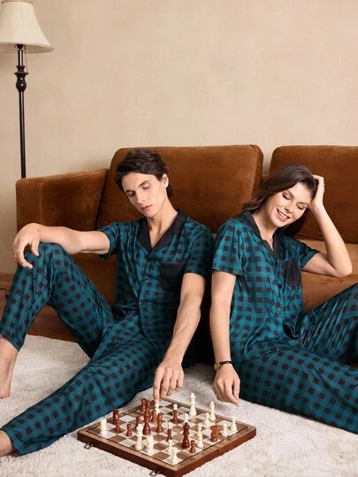 EverLounge 格子领短袖长裤男士睡衣套装