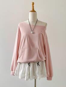 Elamini Sudadera deportiva casual con cuello asimétrico, bolsillo, puños y bajo acanalados en color rosa, manga larga, ideal para graduación, maestros y vuelta al cole en otoño - Rosa - Ver 4