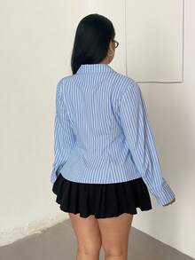 Flirla Plus Size Striped Embroidered Button-Down Long Sleeve Shirt, Autumn Fall Cloth For Women - Blue - View 2