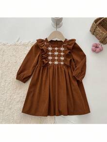 Loomiva Baby Girl Floral Print Ruffle Collar Long Sleeve Cinched Waist Dress, Thickened For Winter - Rust Brown - View 1