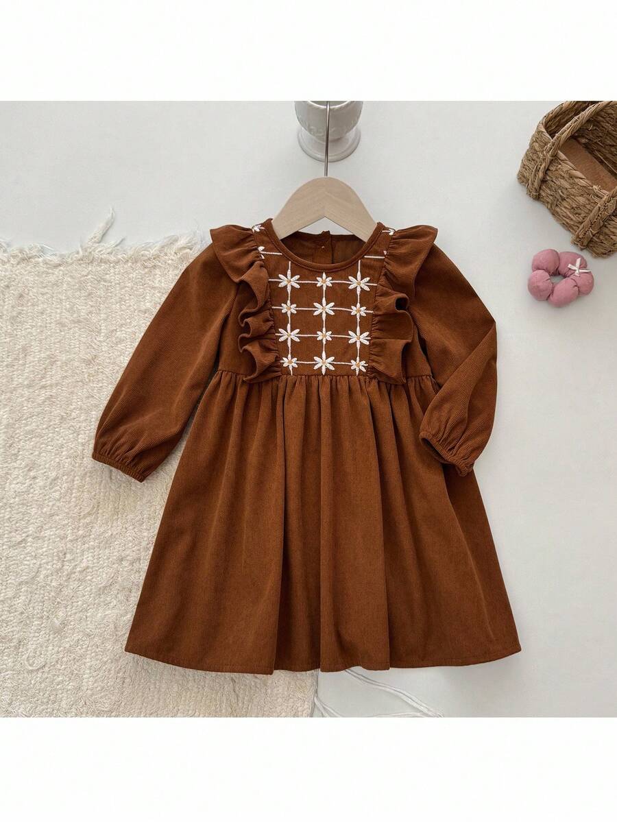 Loomiva Baby Girl Floral Print Ruffle Collar Long Sleeve Cinched Waist Dress, Thickened For Winter - Rust Brown - View 1