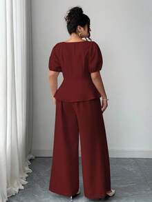 Elenzga Conjunto de 2 piezas de top con mangas abullonadas y pantalones de pierna ancha, elegante y casual, con estilo retro francés para el día a día - Burdeos - Ver 2