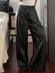 Livesso 女士休闲纯色PU皮革宽松长裤，适合日常穿着和商务场合 - 黑色 - 查看 5