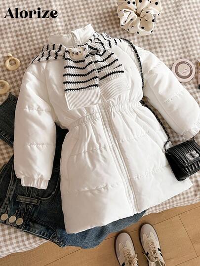 Girls (Small) Casual Korean Style Loose Shawl Collar Cinched Waist Padded Coat, Suitable For School, Autumn/Winter
