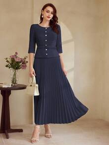 Vintamour 复古经典优雅女士连衣裙，春夏修身提花针织褶裥连衣裙，七分袖连衣裙，白色超长连衣裙，秋季服装，优雅女士连衣裙，女士正式连衣裙，女士夏季长裙，女士连衣裙，秋冬新年连衣裙，新年女士服装 - 藏蓝色 - 查看 3