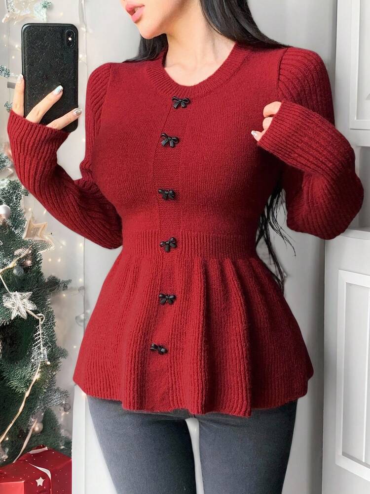 Women's Fitted Knit Sweater With 3D Bow Decor And Ruffle Hem, Berry Color, Suitable For Christmas, New Year, Autumn/Winter