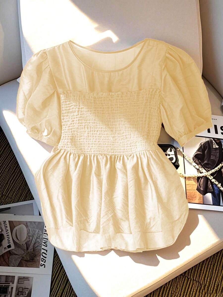 SHEIN Franclia Plus Size Retro Luxury Elegant A-Line Frill Trim Short Sleeve Women Blouse - Apricot - View 1