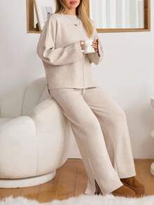 EURMUSE "Soft Glow Luxe Lounge Set" – Minimalist Knit Co-Ord In Almond Cream,Winter Clothes Women,Winter Clothes,Autumn Outfits Women - Beige - View 5