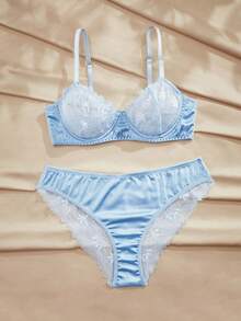 Charlaine Bộ 2 món đồ lót ren satin chắp vá có gọng dành cho nữ, nâng đỡ và lãng mạn - Màu xanh bụi bặm - Xem 3