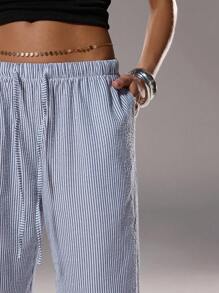 SHEIN Unity 蓝白条纹褶皱纹理低腰抽绳系带斜插袋直筒裤，超柔软舒适的休闲家居服，百搭可爱，适合女性，夏季 - 藏蓝色 - 查看 3