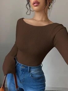 Elenzga 1 件女式露肩喇叭袖修身毛衣 - 咖啡棕 - 查看 6