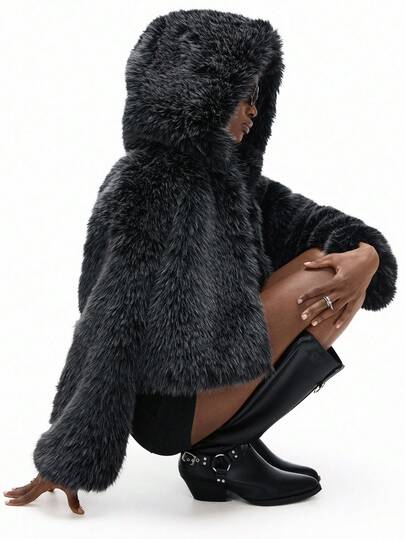 Aveloria GENKIRA 蓬松连帽休闲夹克，时尚别致，黑灰混色，女士适用