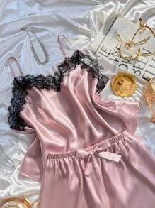 SilkySpell Plus Size Faux Silk Lace Trim Cami Top And Shorts Pajama Set Satin Pajama Set Lace Trim Pajama Set Satin Sleepwear Set Lingerie Pajama Set Lace Pajama Set Lace Pj Set Lingerie Sleep Set Babydoll Pajama Set