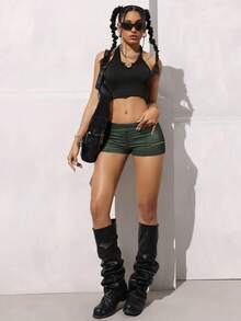 Jeanoix Women's Solid Color Waist Button Design Fitted Shorts - Army Green - View 5