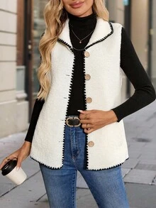 Roamenne Roamenne Women's Casual Contrast Color Trim Sleeveless Lightweight Jacket, Autumn/Winter - White - View 6