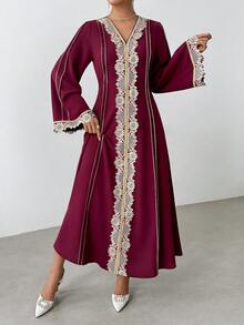 Rafferiza Women's Loose V-Neck Ruffle Long Sleeve Robe, Turkish Long Robe, Arabic Abaya Fall Cloth For Women - Burgundy - View 7
